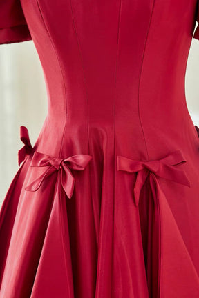 Burgundy Satin Long A-Line Prom Party Dress with Puff Sleeves