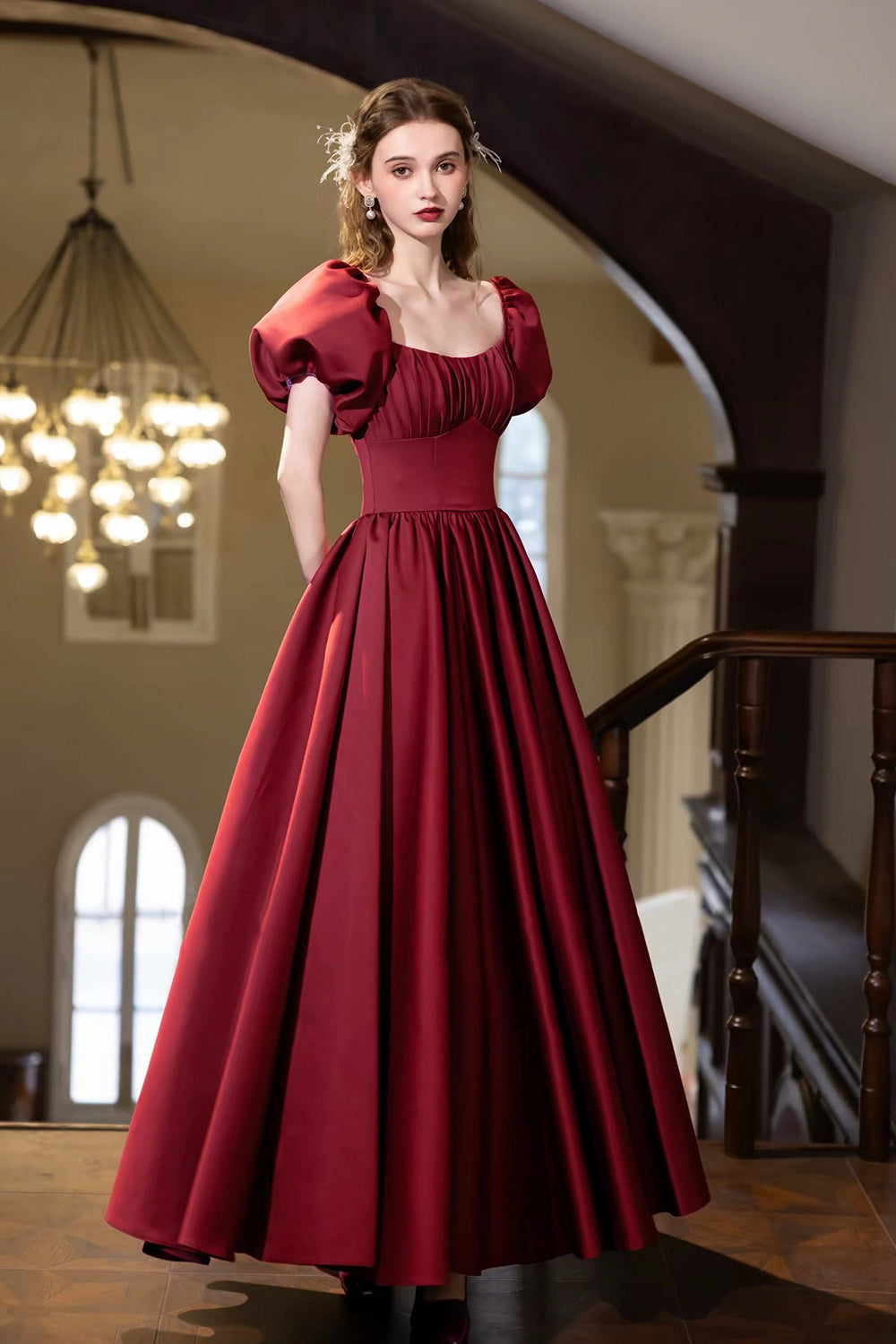 Burgundy Satin Square Neck Ball Gown with Puff Sleeves & Corset Back
