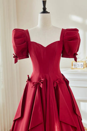 Burgundy Satin Long A-Line Prom Party Dress with Puff Sleeves