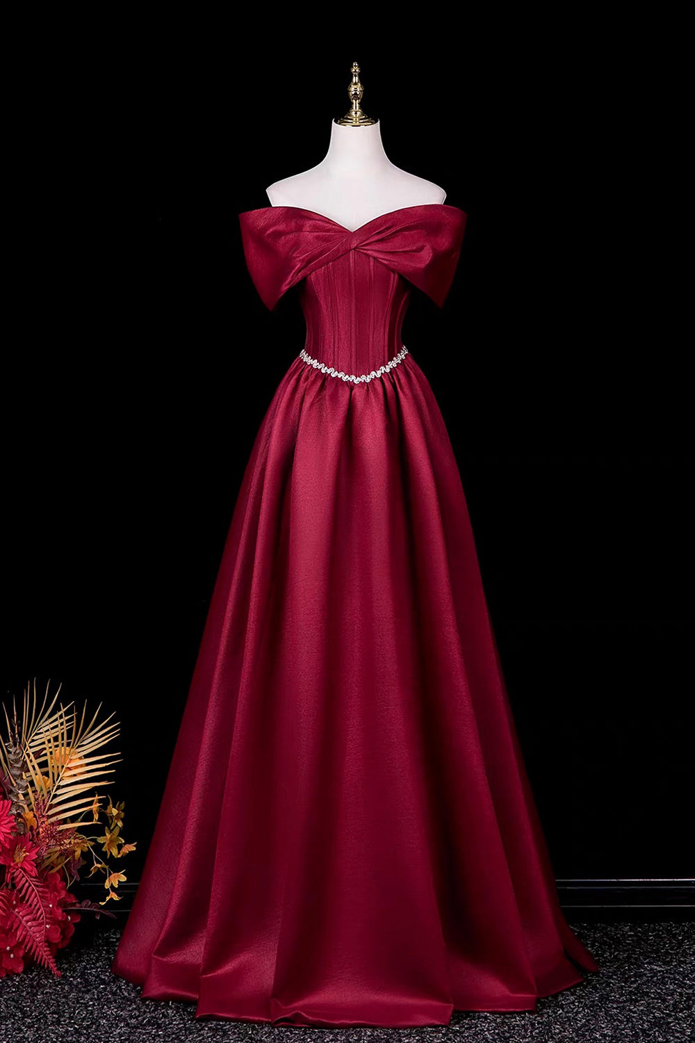Burgundy Satin Off-Shoulder Ball Gown with Crystal Waistline