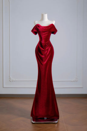 Burgundy Velvet Off-the-Shoulder Mermaid Gown with Ruched Bodice