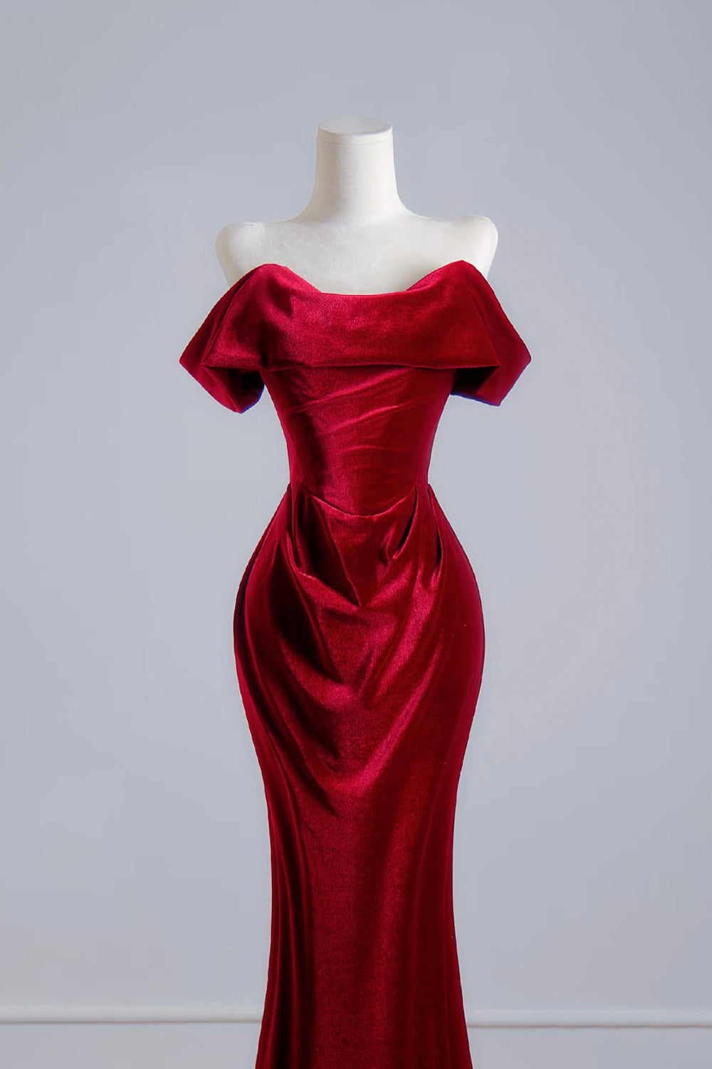 Burgundy Velvet Off-the-Shoulder Mermaid Gown with Ruched Bodice