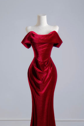 Burgundy Velvet Off-the-Shoulder Mermaid Gown with Ruched Bodice