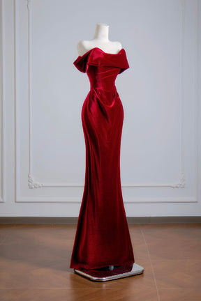 Burgundy Velvet Off-the-Shoulder Mermaid Gown with Ruched Bodice