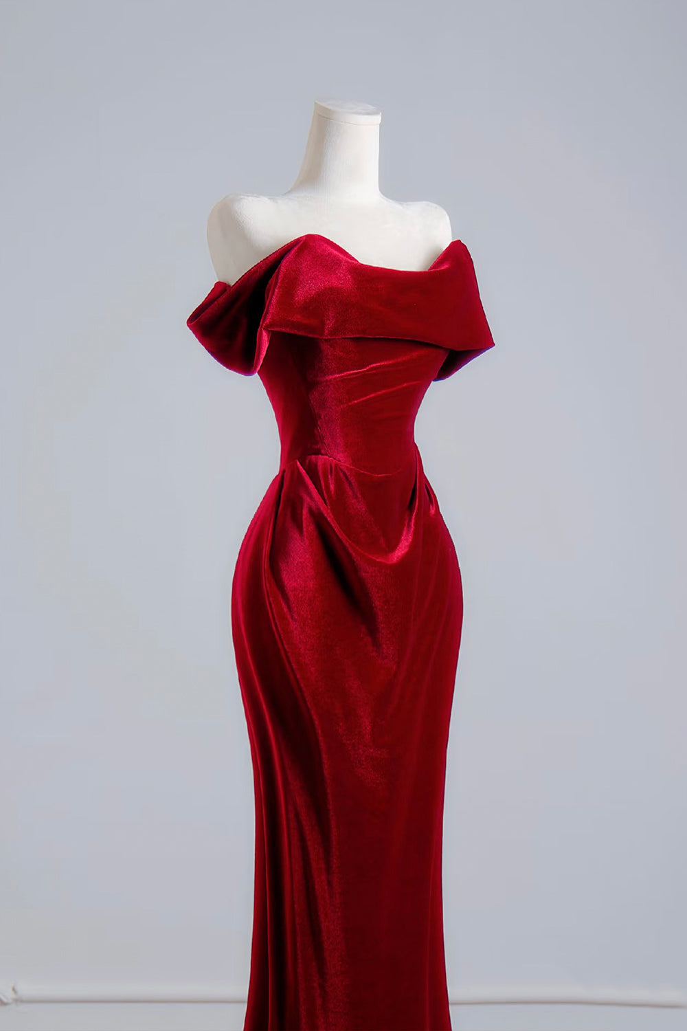 Burgundy Velvet Off-the-Shoulder Mermaid Gown with Ruched Bodice