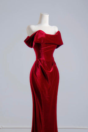 Burgundy Velvet Off-the-Shoulder Mermaid Gown with Ruched Bodice