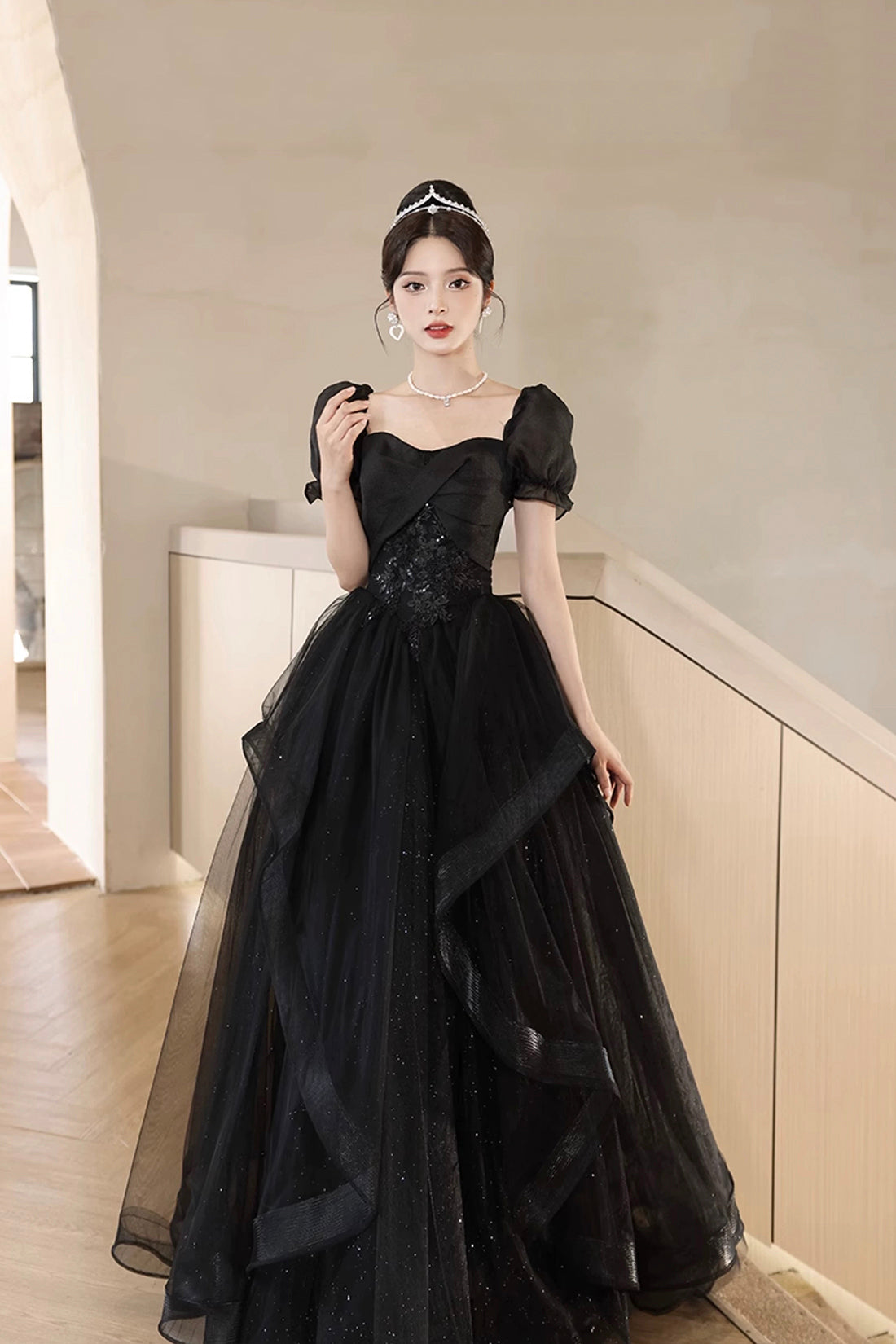 grad dresses with short sleeves Light Blue Short Sleeves Beaded Tulle Long Formal Dress, Blue A-line P