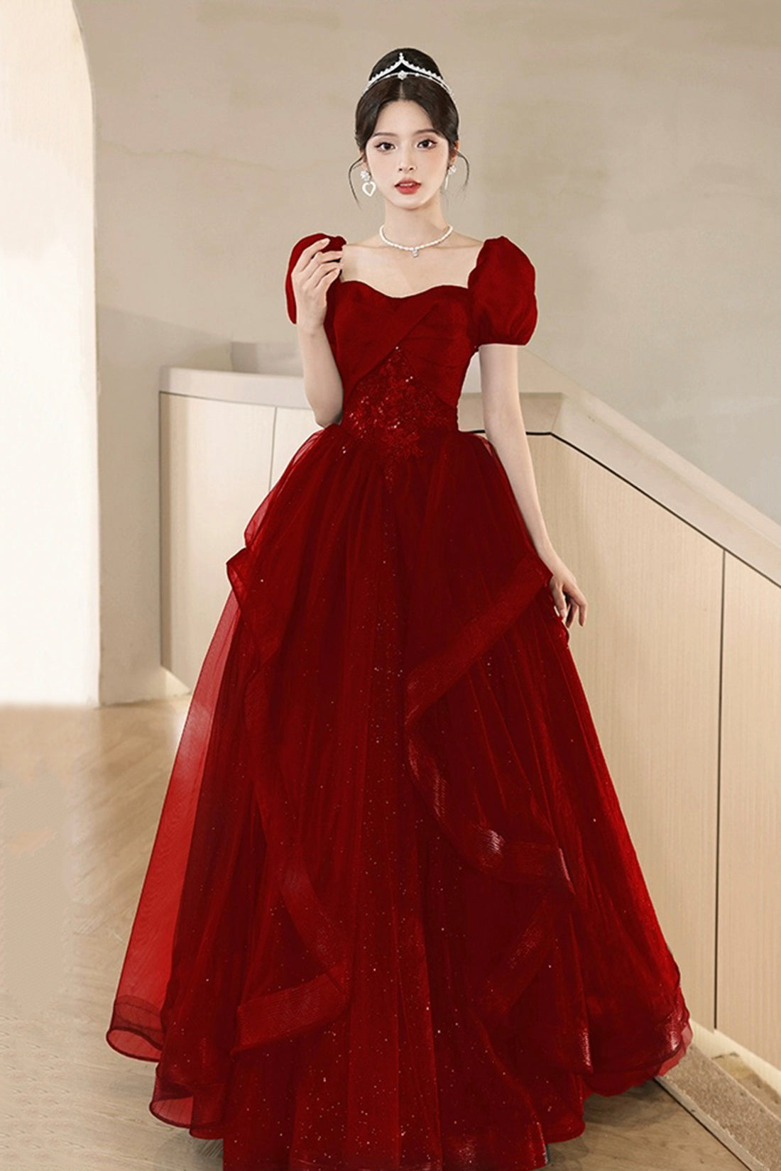 A-Line Tulle Lace Short Sleeve Prom Dress, Lovely Floor Length Evening Party Dress