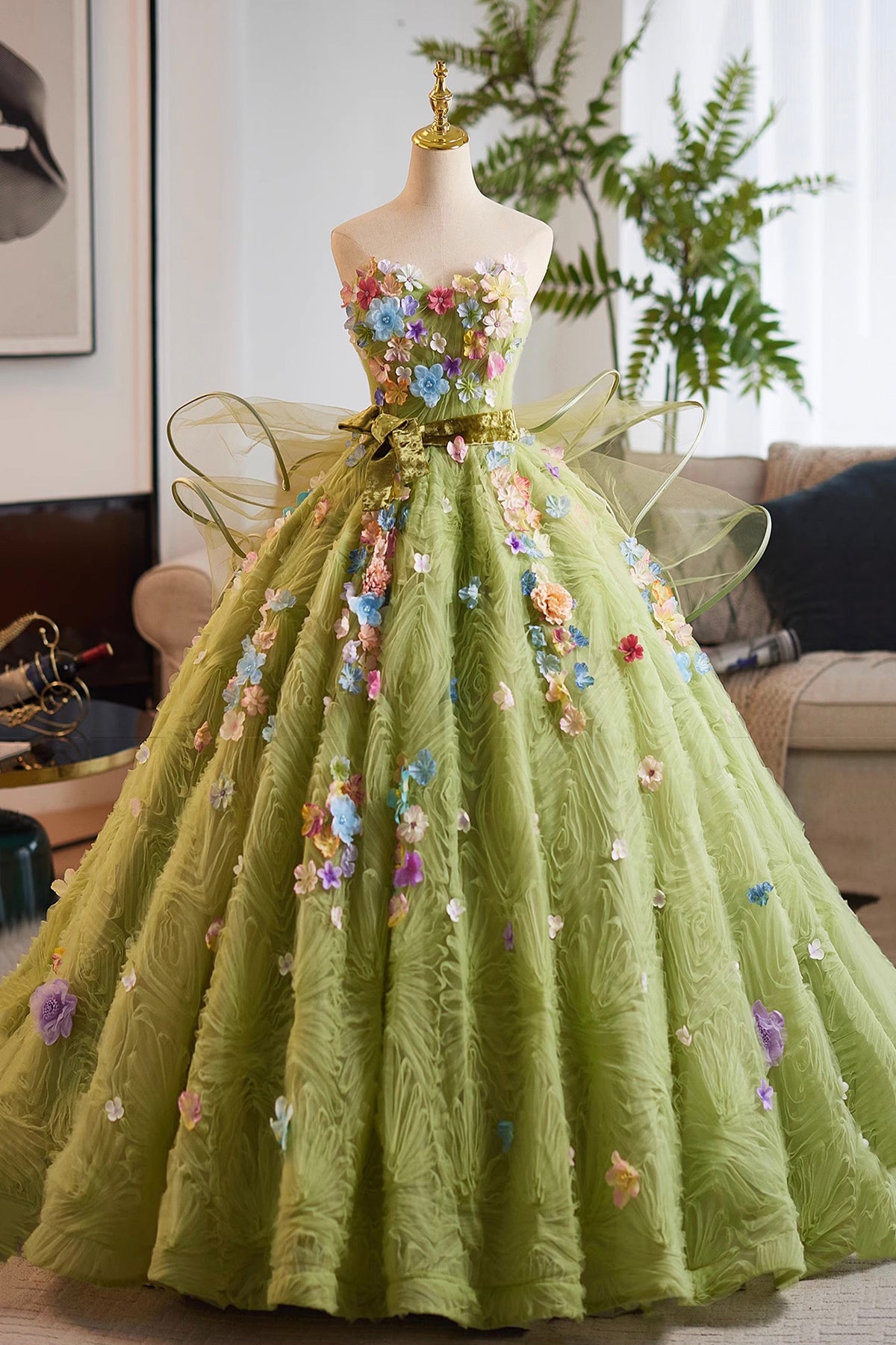 Sage Green Flower Fairy Long Prom Dress Ball Gown, A-Line Strapless Sleeveless Formal Dresses