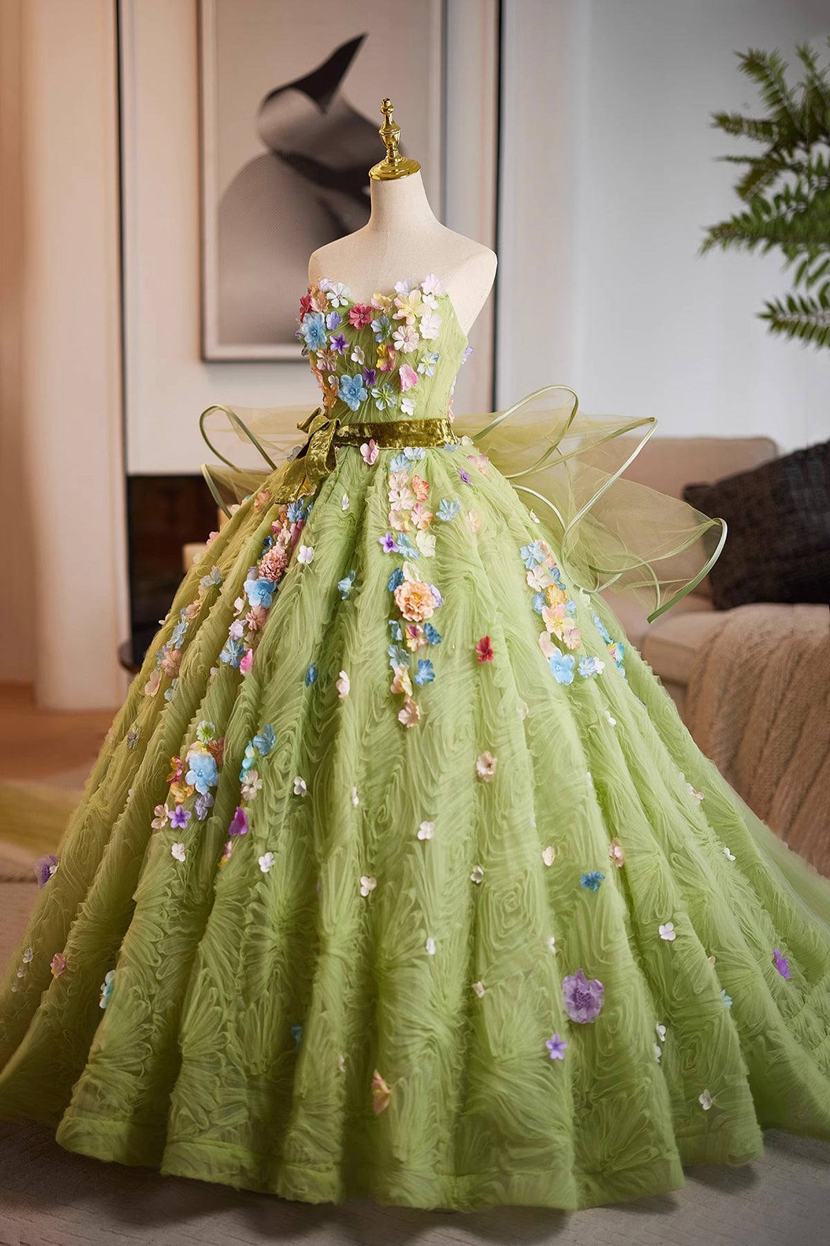 Sage Green Flower Fairy Long Prom Dress Ball Gown, A-Line Strapless Sleeveless Formal Dresses