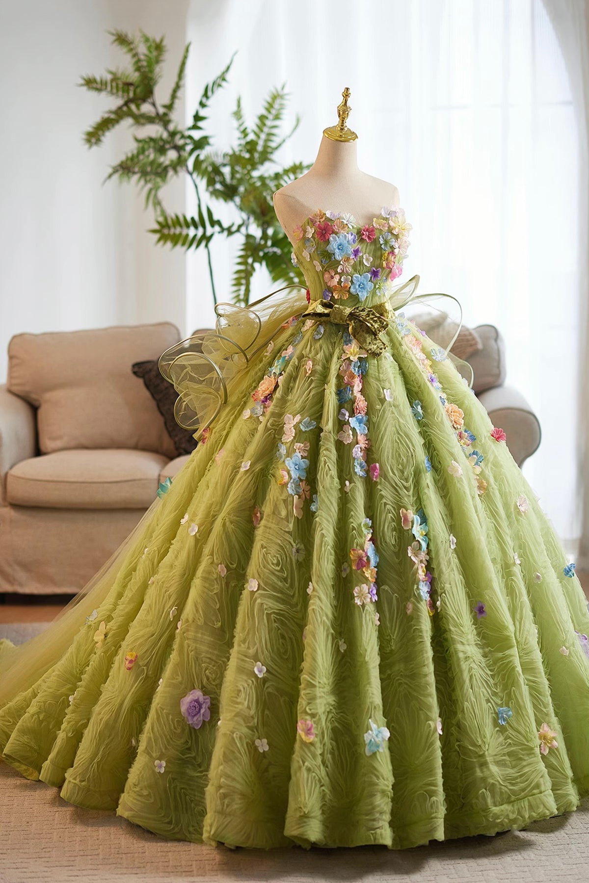 Sage Green Flower Fairy Long Prom Dress Ball Gown, A-Line Strapless Sleeveless Formal Dresses