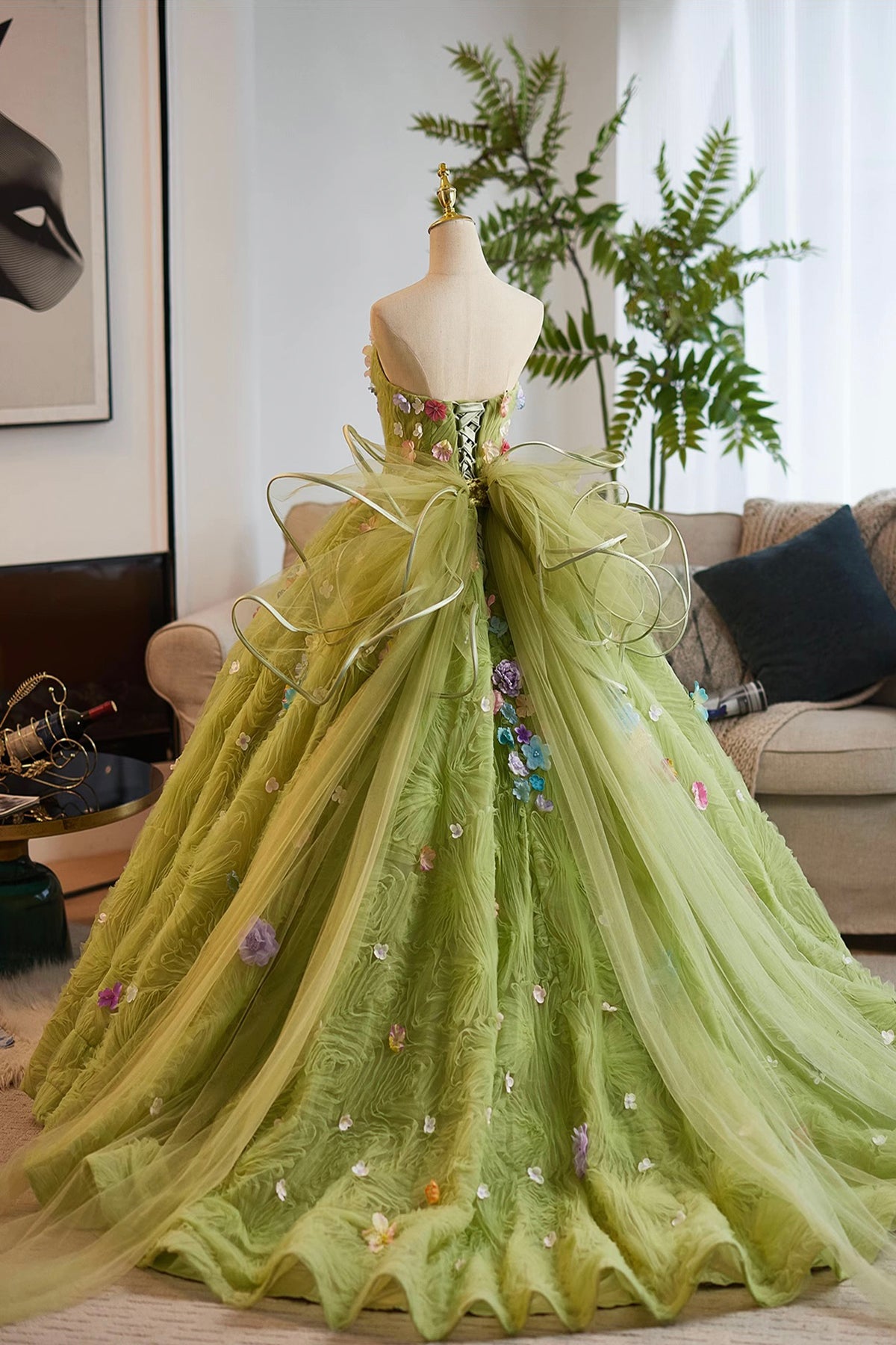 Sage Green Flower Fairy Long Prom Dress Ball Gown, A-Line Strapless Sleeveless Formal Dresses