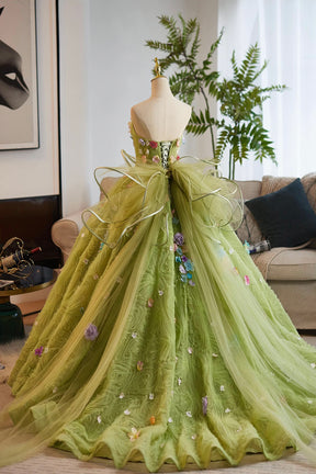 Sage Green Flower Fairy Long Prom Dress Ball Gown, A-Line Strapless Sleeveless Formal Dresses
