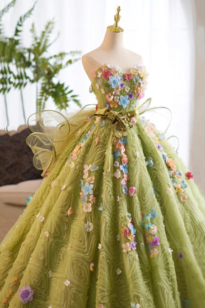 Sage Green Flower Fairy Long Prom Dress Ball Gown, A-Line Strapless Sleeveless Formal Dresses