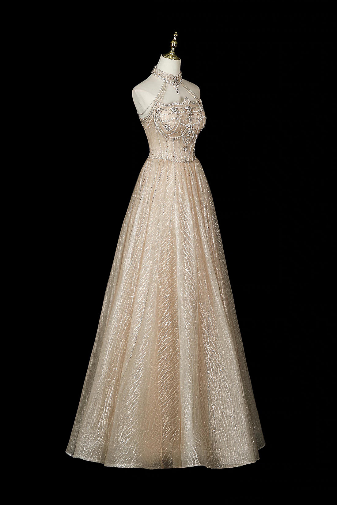 Champagne Halter Sequin Gown with Beaded Bodice & Layered Tulle Skirt