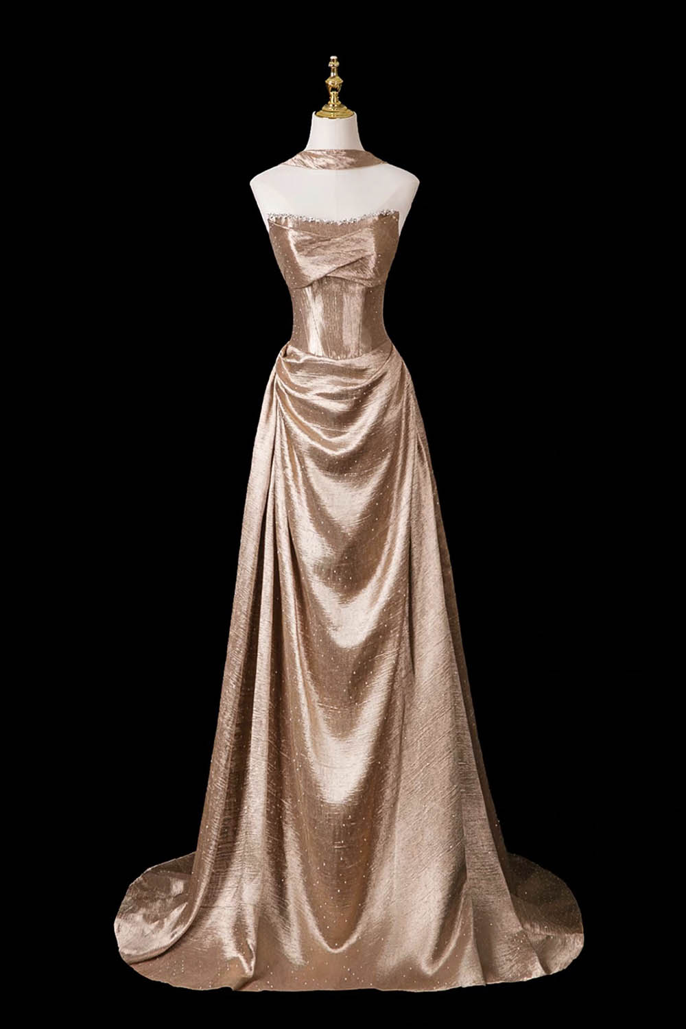Champagne Gold Metallic Strapless Gown with Neck Ribbon – Shimmering Evening Dress