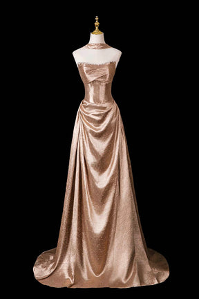 Champagne Gold Metallic Strapless Gown with Neck Ribbon – Shimmering Evening Dress
