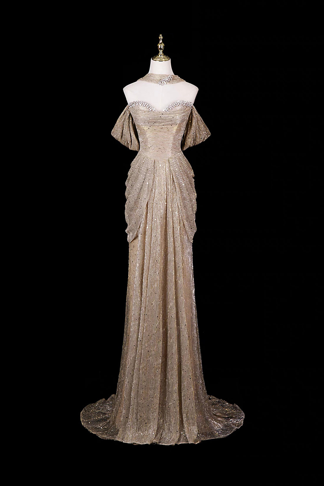Champagne Gold Off-Shoulder Sequin Gown with Ruffled Shoulders & Layered Tulle Skirt