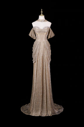 Champagne Gold Off-Shoulder Sequin Gown with Ruffled Shoulders & Layered Tulle Skirt