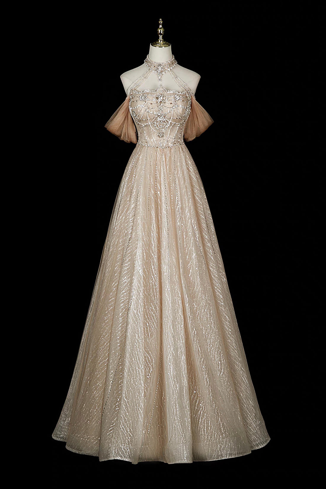 Champagne Halter Sequin Gown with Beaded Bodice & Layered Tulle Skirt