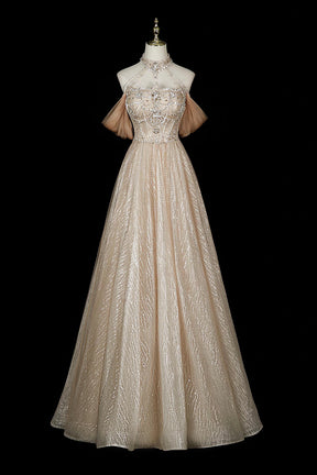 Champagne Halter Sequin Gown with Beaded Bodice & Layered Tulle Skirt