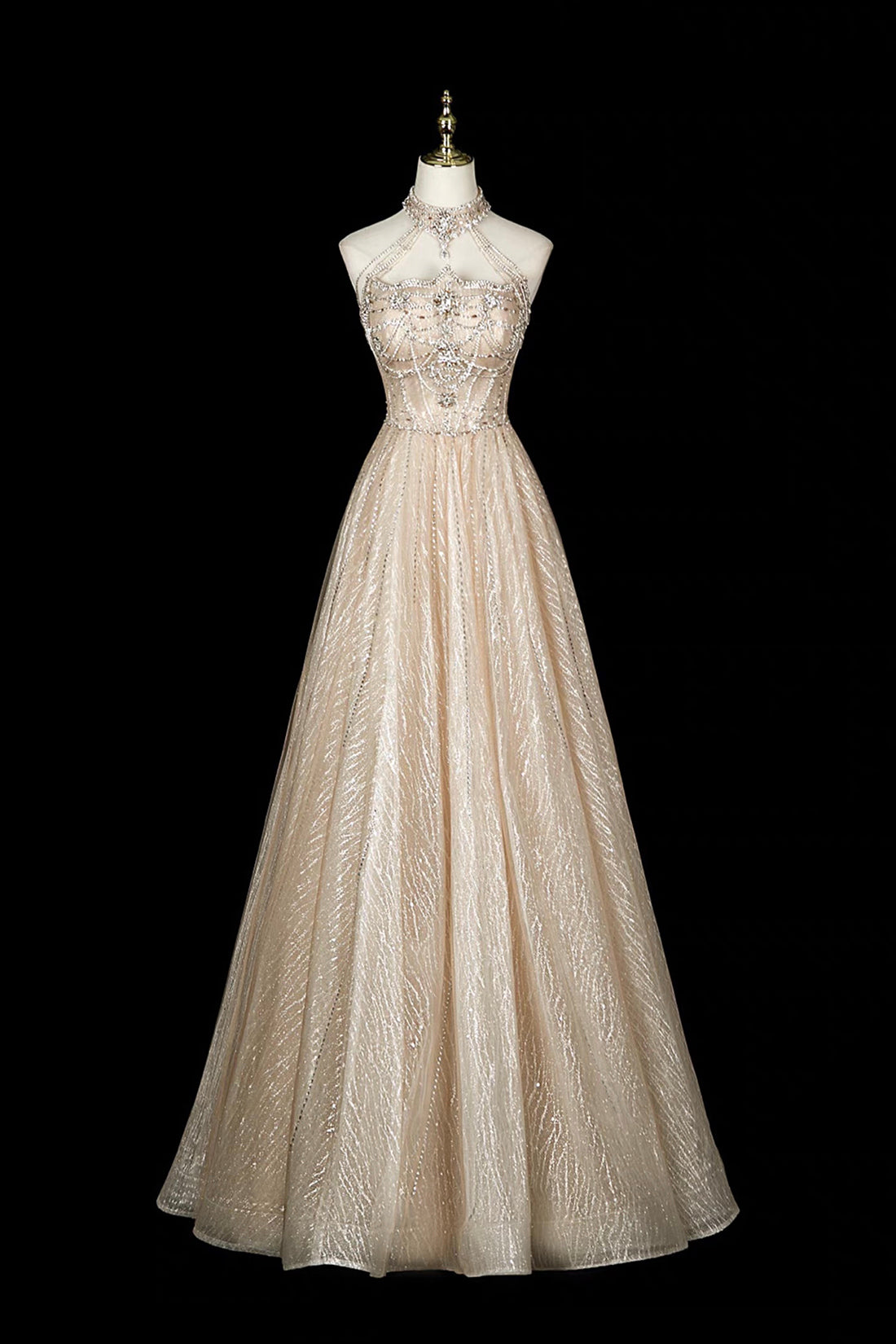 Champagne Halter Sequin Gown with Beaded Bodice & Layered Tulle Skirt