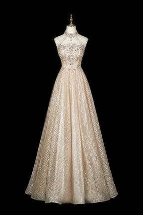 Champagne Halter Sequin Gown with Beaded Bodice & Layered Tulle Skirt