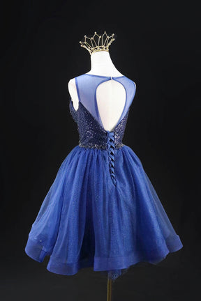 Blue Sparkly Homecoming Dress, Short Tulle Party Dress with Illusion Neckline
