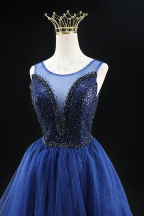 Blue Sparkly Homecoming Dress, Short Tulle Party Dress with Illusion Neckline