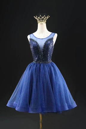 Blue Sparkly Homecoming Dress, Short Tulle Party Dress with Illusion Neckline