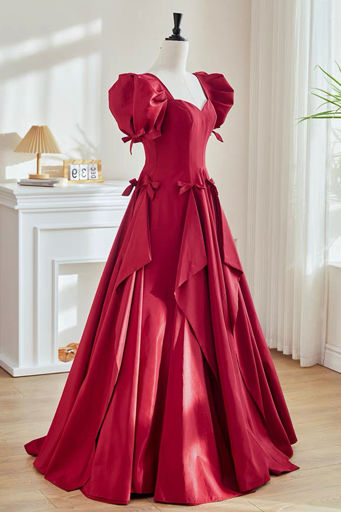 Burgundy Satin Long A-Line Prom Party Dress with Puff Sleeves