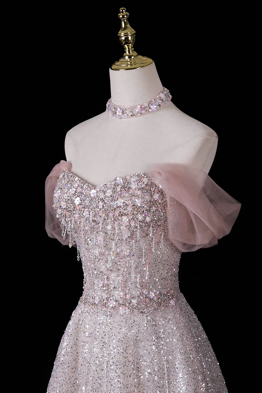 Pink Sequin Off-Shoulder Ball Gown – Beaded Floral Bodice with Detachable Tulle Sleeves, Custom Fit