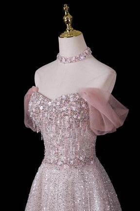 Pink Sequin Off-Shoulder Ball Gown – Beaded Floral Bodice with Detachable Tulle Sleeves, Custom Fit