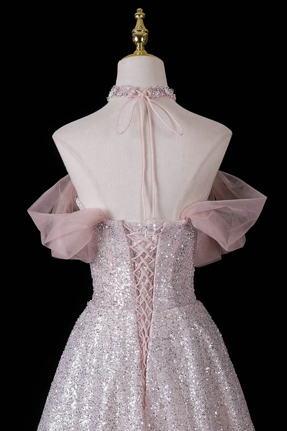 Pink Sequin Off-Shoulder Ball Gown – Beaded Floral Bodice with Detachable Tulle Sleeves, Custom Fit