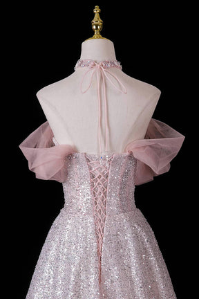 Pink Sequin Off-Shoulder Ball Gown – Beaded Floral Bodice with Detachable Tulle Sleeves, Custom Fit