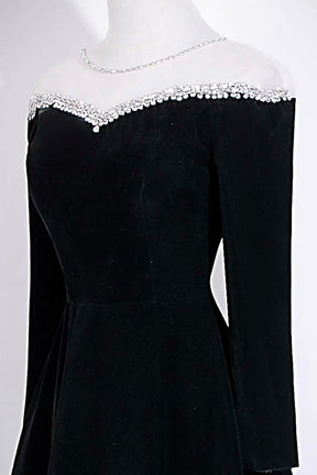 Black Velvet Off-Shoulder Long Sleeve Evening Gown with Crystal Trim