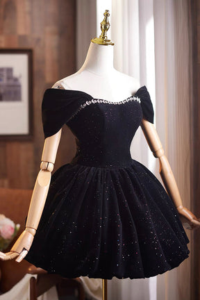 Black Velvet Off-Shoulder Short Party Dress with Crystal Neckline