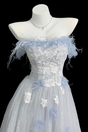 Blue and  Gray Feather Lace Off-Shoulder Gown with Tulle Skirt