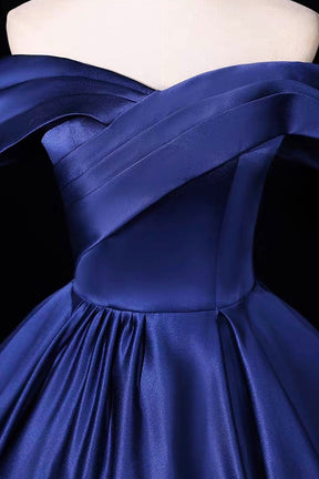 Navy Blue Satin Off-Shoulder Ball Gown – Elegant Cross-Drape Evening Dress with Corset Back, Custom Fit