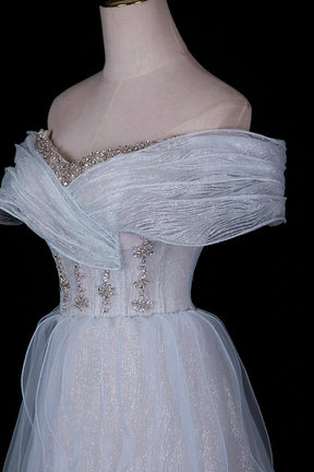 Light Blue Off-Shoulder Beaded Waist Tulle Evening Gown with Ruffled Skirt