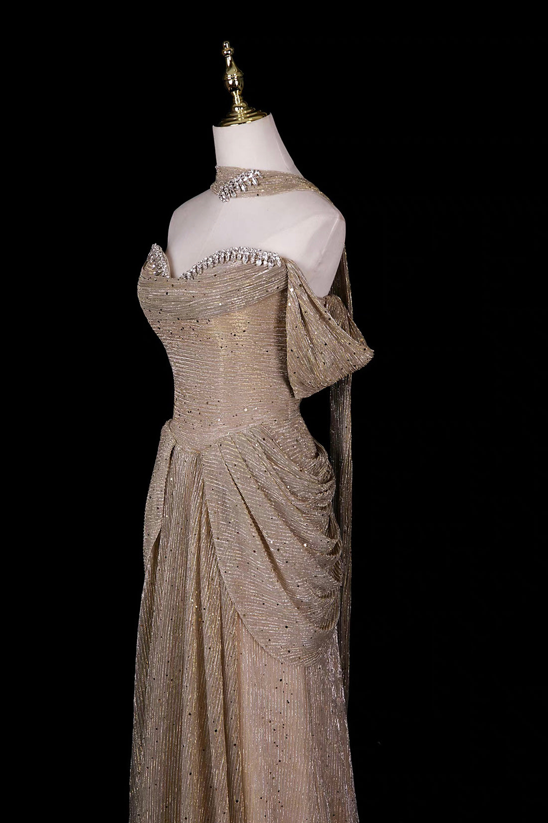 Champagne Gold Off-Shoulder Sequin Gown with Ruffled Shoulders & Layered Tulle Skirt