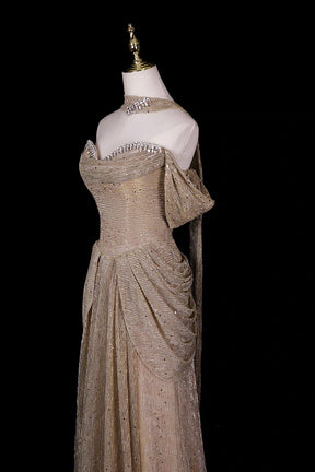 Champagne Gold Off-Shoulder Sequin Gown with Ruffled Shoulders & Layered Tulle Skirt