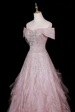 Pink Off-Shoulder Sequin Gown with Ruffled Shoulders