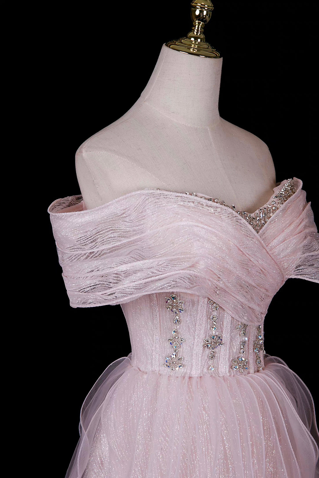 Pink Off-Shoulder Sequin Gown with Ruffled Shoulders & Layered Tulle Skirt