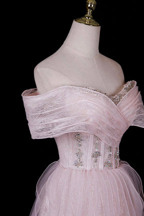 Pink Off-Shoulder Sequin Gown with Ruffled Shoulders & Layered Tulle Skirt