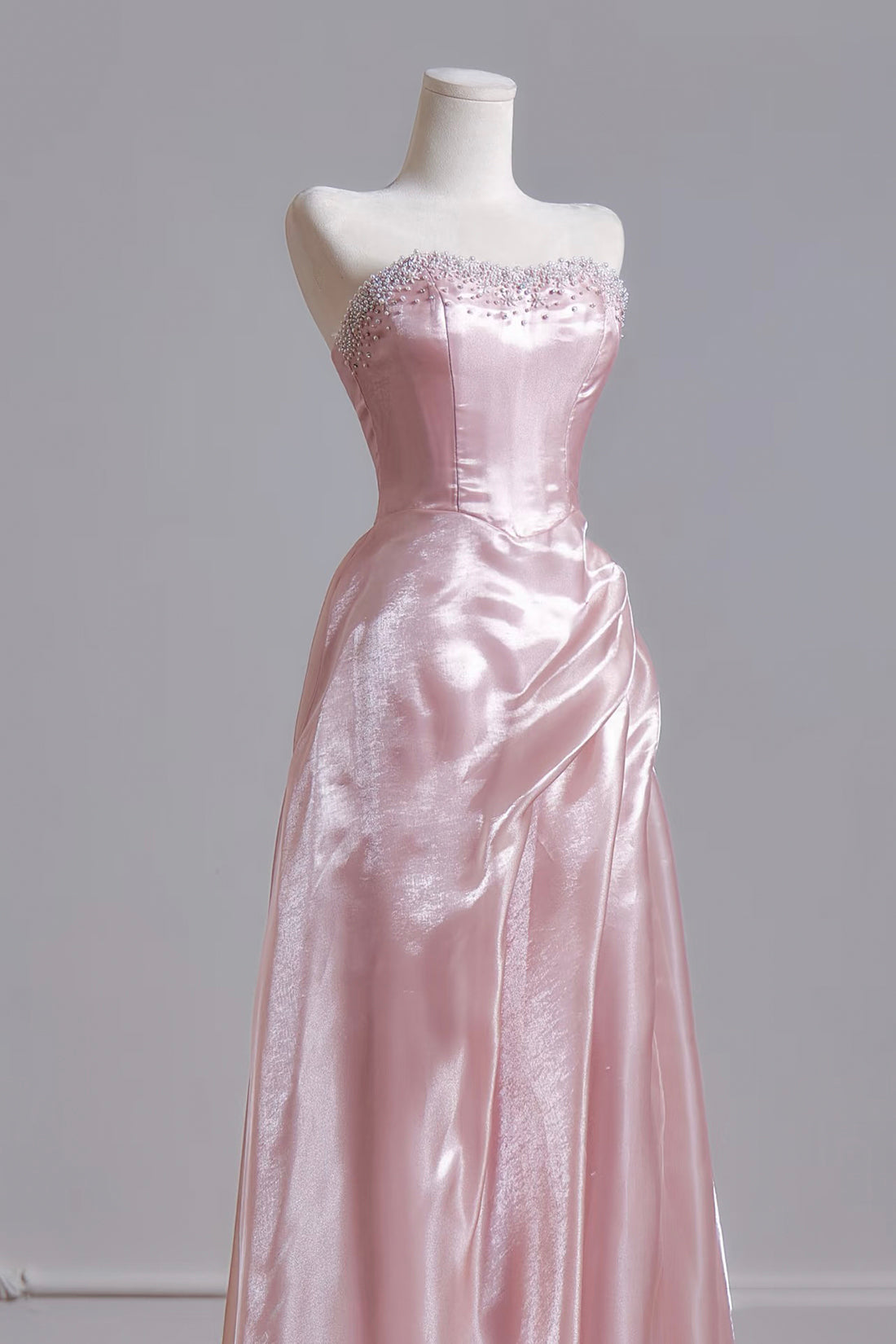 Pink Tulle Strapless Prom Gown with Beaded Neckline & Side Drape