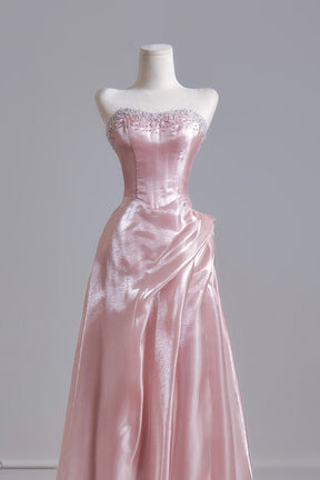 Pink Tulle Strapless Prom Gown with Beaded Neckline & Side Drape