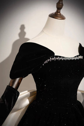 Black Sparkle Velvet Off-Shoulder Mini Dress – Crystal Neckline with Oversized White Satin Bow Back
