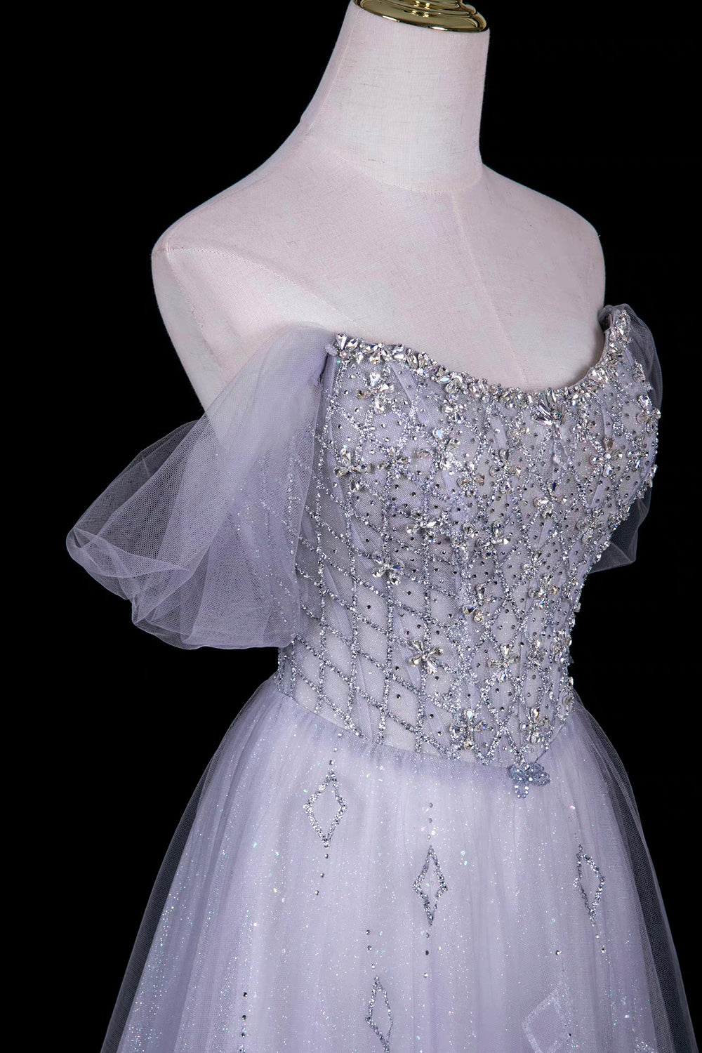 Grey Sequin Off-Shoulder Ball Gown with Crystal Beaded Bodice – Sparkling A-Line, Custom Fit