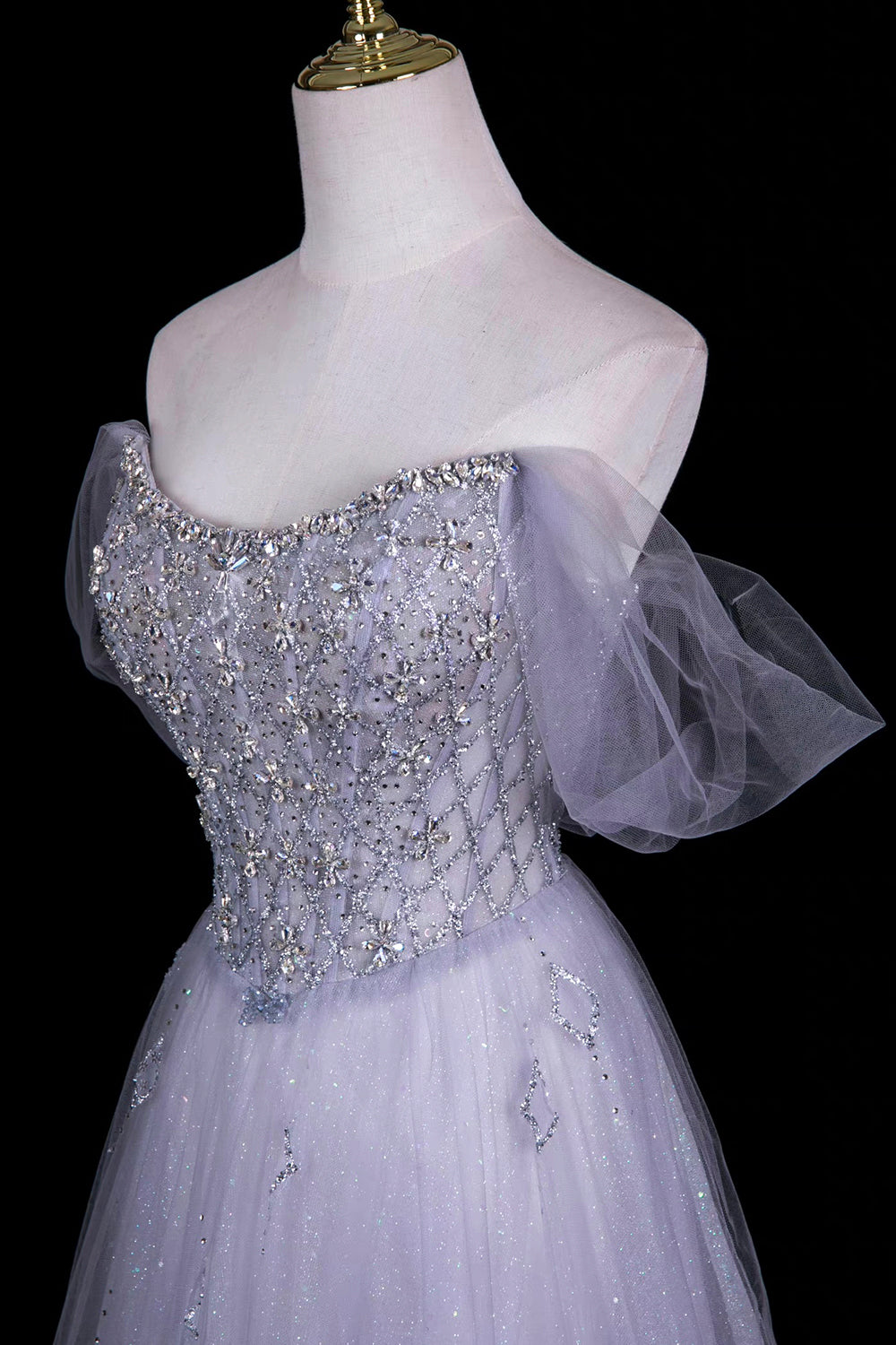 Grey Sequin Off-Shoulder Ball Gown with Crystal Beaded Bodice – Sparkling A-Line, Custom Fit